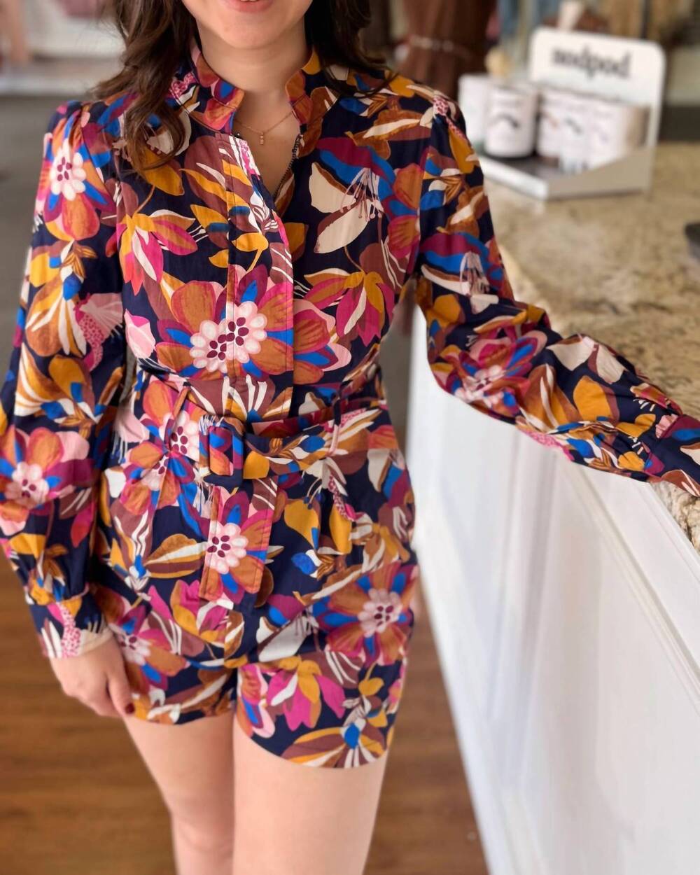 NEW FATE zinnia floral belted romper in navy multi
